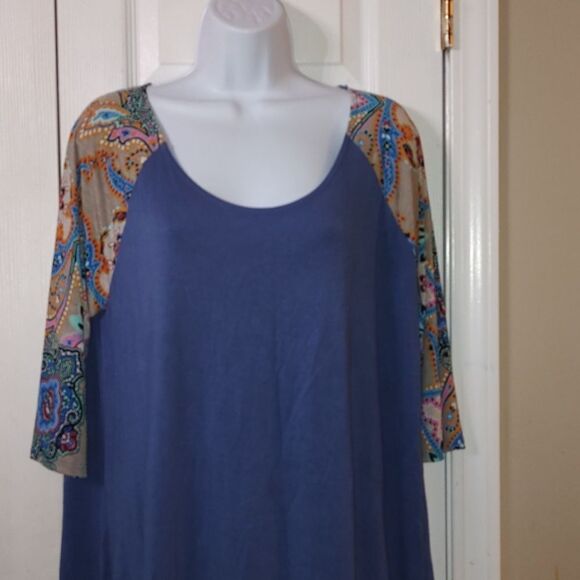 Honeyme 3/4 length print sleeve blue tunic  super soft Sz  L - Picture 2 of 4